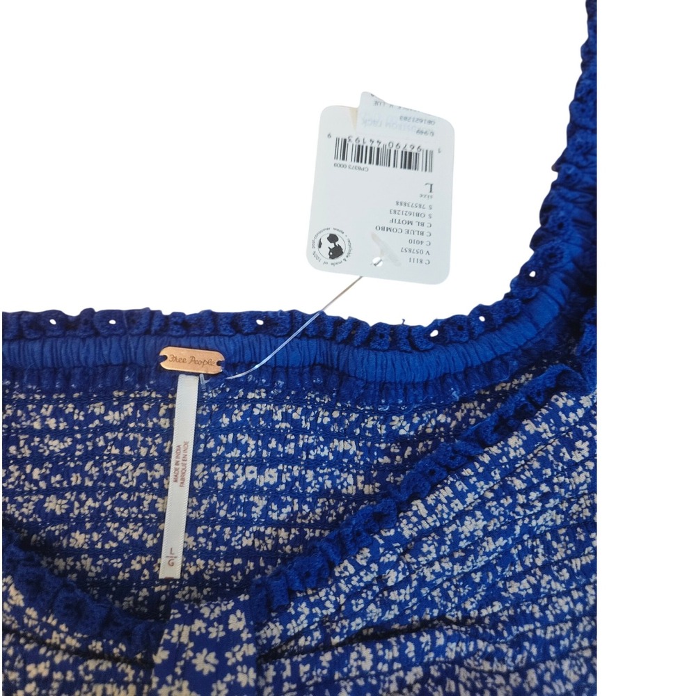 Free People Women's Blue Combo Floral‎ Print Square Neck Peplum Top Blouse L - Picture 3 of 4